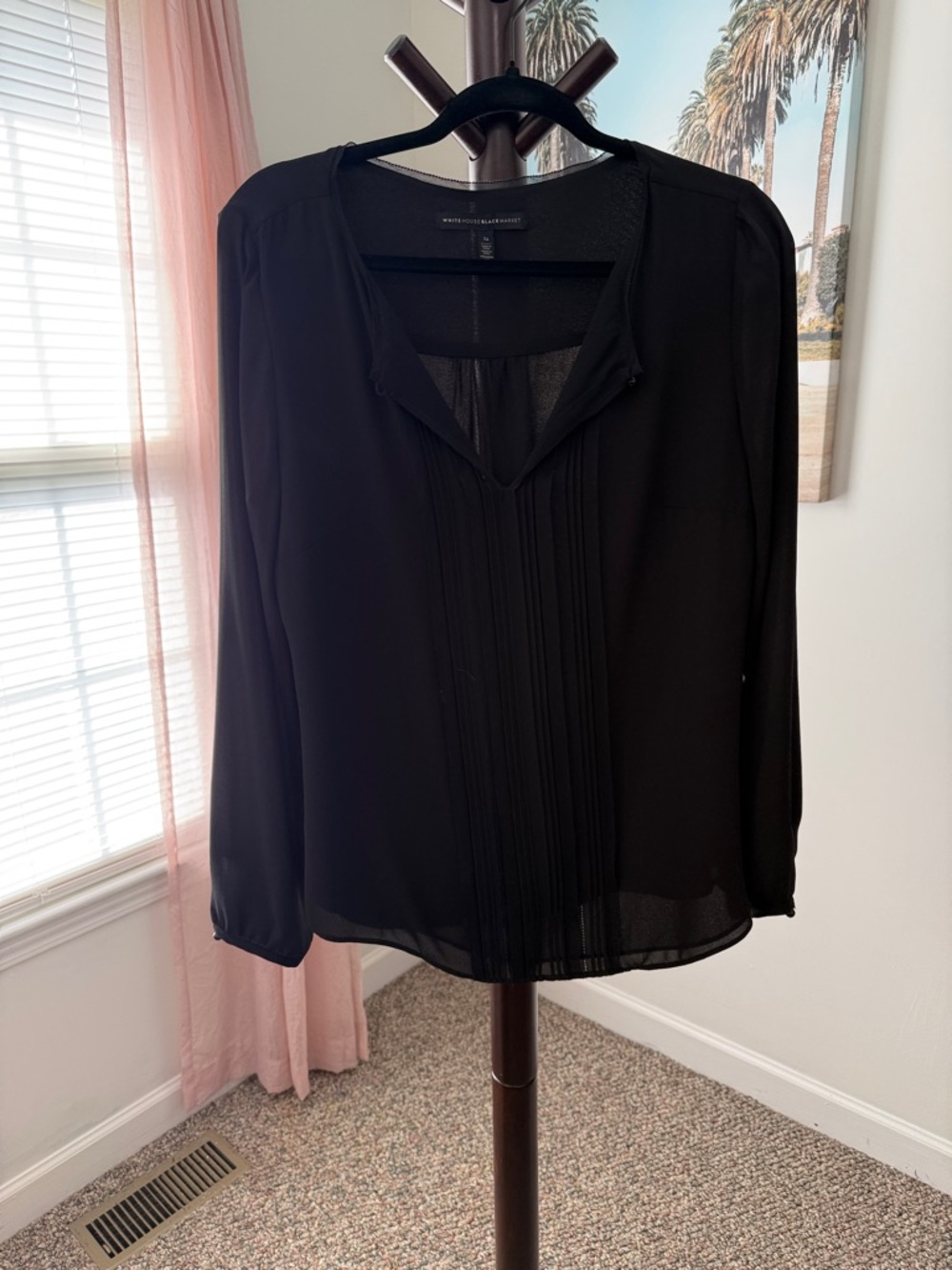 White House Black Market Black Pleated V-Neck Long Sleeve Blouse